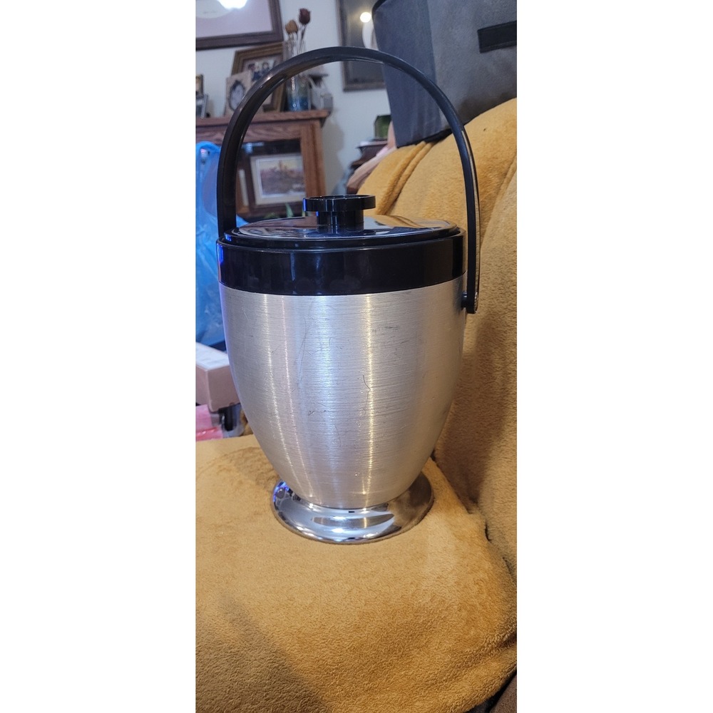 Vintage Kromex Mid Century Modern Brushed Aluminum and Black Ice Bucket